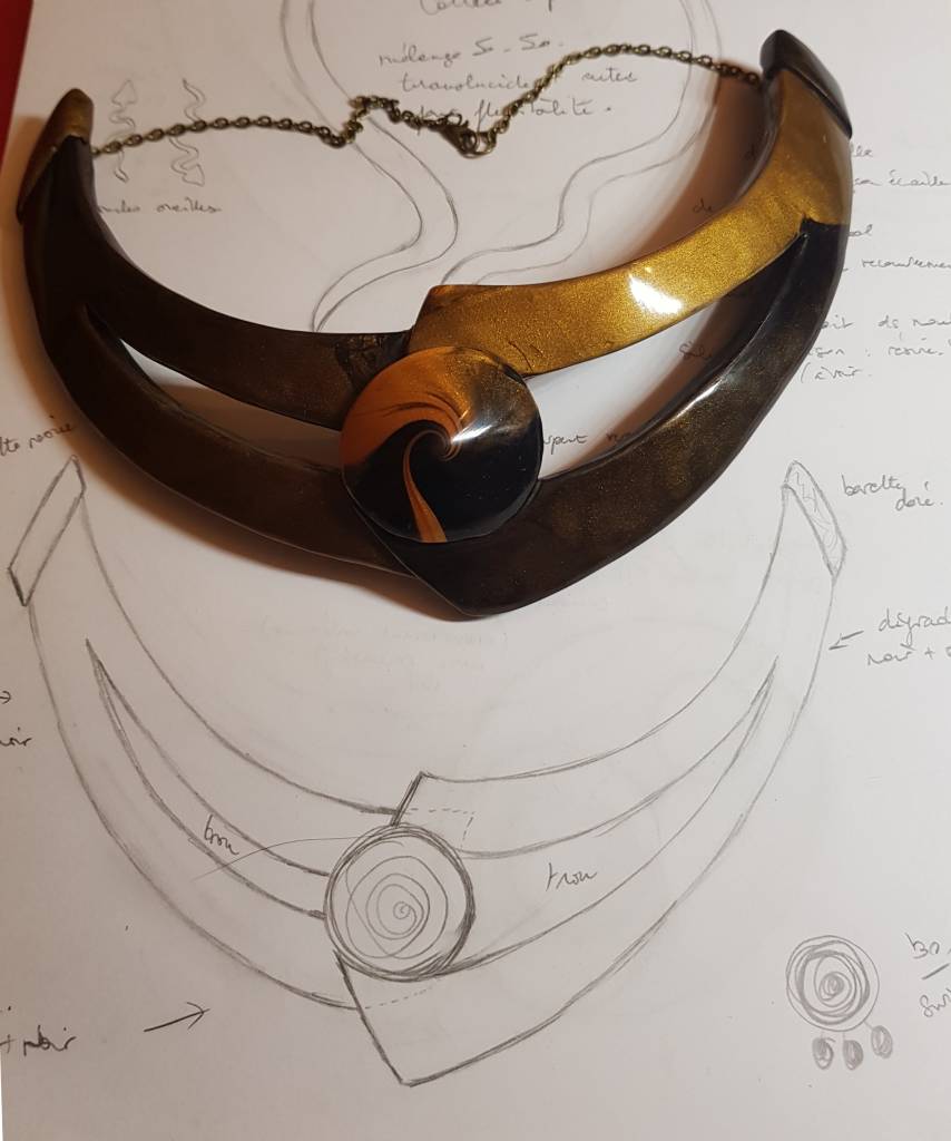 Dessin et collier torque noir et or fait main